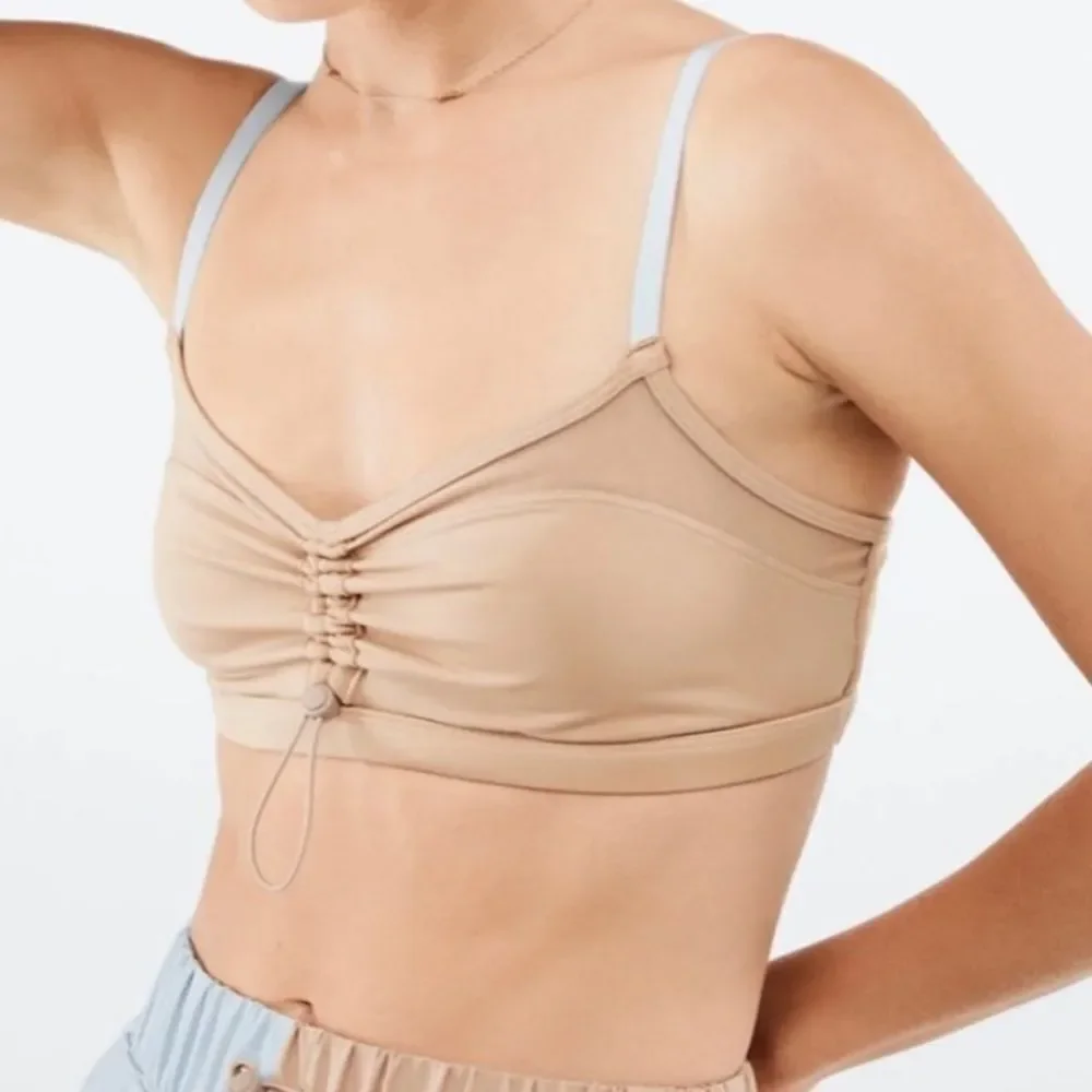 Fabletics Makayla Bra Low Impact Cinch Front Tan With Blue Straps Size L NWT